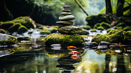 Witness the serene beauty of a balance of stones in a flowing river, a harmonious arrangement that captures the tranquility of nature's delicate equilibrium.の素材
