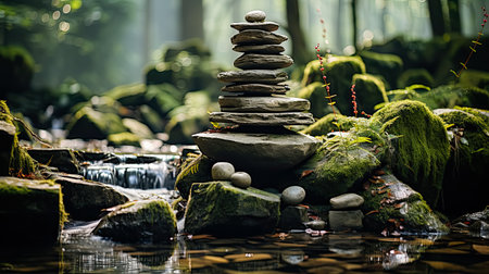 Witness the serene beauty of a balance of stones in a flowing river, a harmonious arrangement that captures the tranquility of nature's delicate equilibrium.の素材