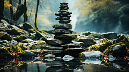 Witness the serene beauty of a balance of stones in a flowing river, a harmonious arrangement that captures the tranquility of nature's delicate equilibrium.の素材