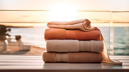 Indulge in relaxation with a serene spa and care concept. A stack of towels rests on a table against the backdrop of a beach sunset, creating a tranquil ambiance.の素材