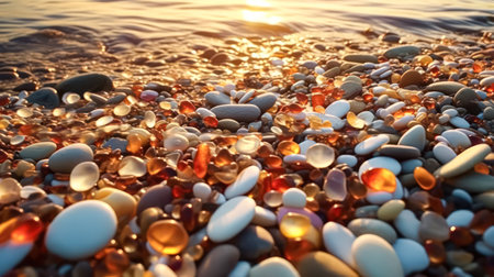 Experience the simplicity of a pebble beach against the backdrop of a clear blue sky. A serene composition capturing the essence of natural beauty and calmness.の素材