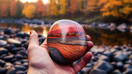 Witness the meditative artistry as a mans hand skillfully places stones one atop the other, creating a captivating balance. A tranquil and harmonious moment.の素材