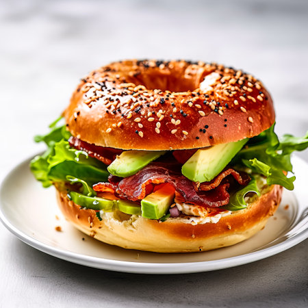 Savor breakfast bliss with a delectable burger featuring prosciutto, cream cheese, avocado, and lettuce. A tantalizing close up capturing the essence of a delightful sandwich or bagel with ham.の素材