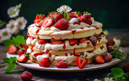 Strawberry cake featuring a luscious combination of vanilla sponge, cream cheese, and fresh strawberries. Selective focus enhances the tempting details. Perfect for conveying the essence of sweet summer indulgence.の素材