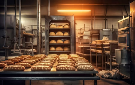 Step into the heart of the bakery, capturing the essence of bread and buns baking. A tantalizing view inside, showing the artistry and warmth of the baking process.の素材