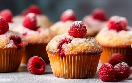 Delight in homemade goodness with fresh, delicious raspberry muffins. A mouthwatering image capturing the essence of sweet and irresistible baked treats. Perfect for showcasing culinary delights.の素材