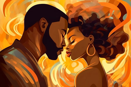 Experience the tender embrace of love with an illustration capturing an African couple sharing a passionate kiss.の素材