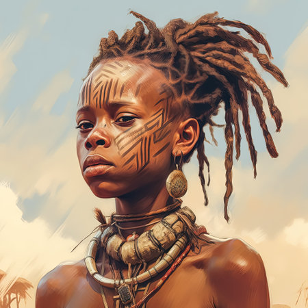 African child from a remote tribal village, representing the raw beauty and innocence of indigenous cultures in captivating detail.の素材