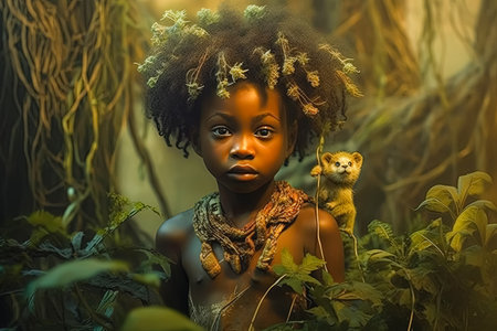 African child from a remote tribal village, representing the raw beauty and innocence of indigenous cultures in captivating detail.の素材