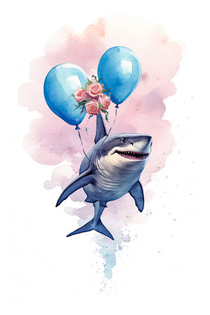 Celebrate with a splash. A charming watercolor shark, buoyed by vibrant balloons, graces this delightful greeting card, perfect for any occasion.の素材