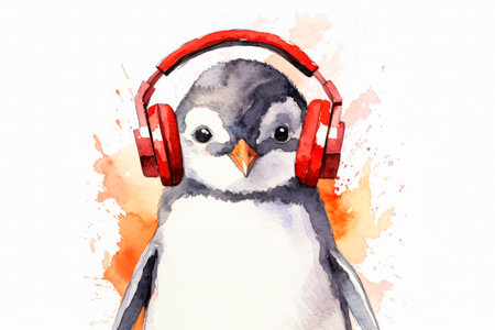 A lively watercolor artwork featuring a cute penguin wearing headphones, immersed in splashes of vibrant colors, adding a playful touch to the scene.の素材