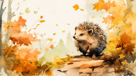 An enchanting watercolor depiction of a hedgehog nestled within the serene ambiance of an autumn forest, perfect for book illustrations and storytelling.の素材