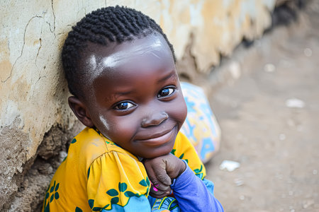 African child from a remote tribal village, representing the raw beauty and innocence of indigenous cultures in captivating detail.の素材