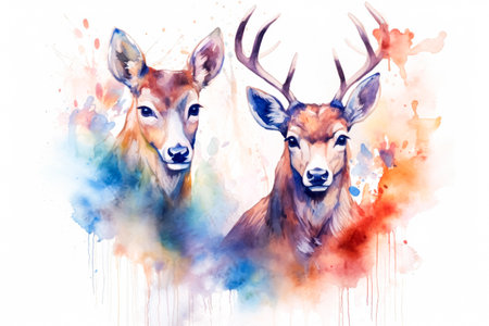 A serene watercolor painting capturing the elegance of a deer amidst a tranquil forest clearing, evoking a sense of peace and harmony in nature.の素材