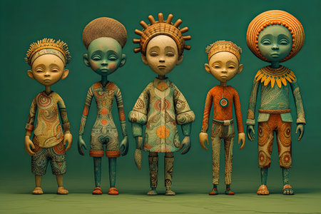 Group of aboriginal or indigenous people of Africa adorned in colorful ethnic attire. Men, women, and children represent diverse African tribes with pride and tradition.の素材