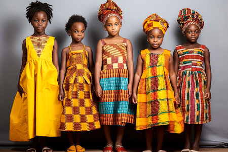 Group of aboriginal or indigenous people of Africa adorned in colorful ethnic attire. Men, women, and children represent diverse African tribes with pride and tradition.の素材