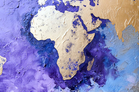 Abstract representation of the African continent, featuring vibrant colors and geometric shapes, suitable for artistic or decorative purposes.の素材