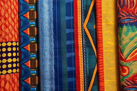 An array of fabric rolls adorned with intricate and colorful African designs, showing the rich cultural heritage and artistic flair of the continent.の素材