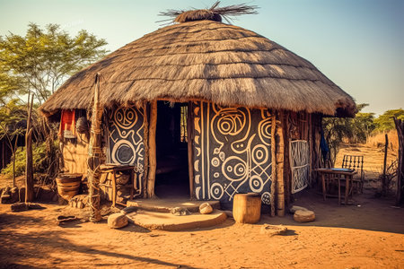 A beautiful traditional Ethiopian mud house with a thatched roof stands gracefully amidst lush greenery, embodying the country's rich cultural heritage.の素材
