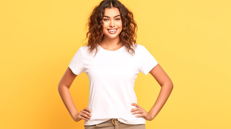 A woman, wearing a white t-shirt, stands confidently, hands on hips, with a smile on her face and her hair cascading down her neck.の素材