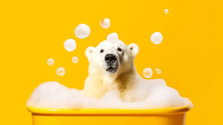 A polar bear enjoys a soothing bath in a tub, surrounded by frothy soap bubbles, set against a vibrant yellow background for a playful and charming scene.の素材