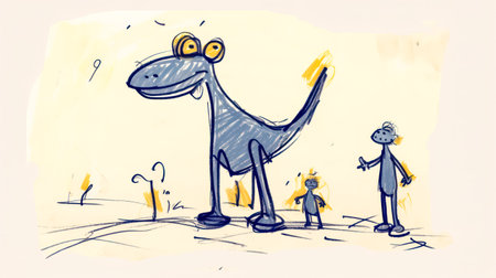 A whimsical and playful pencil and pen sketch of a dinosaur, capturing the essence of childhood imagination and creativity in a charming manner.の素材