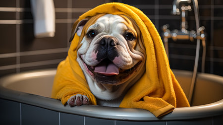 An American bulldog, wrapped in a yellow towel post bath, symbolizing pet care and grooming, ensuring a clean and contented furry friend.の素材