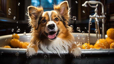 A pampered corgi enjoys a soothing bath, symbolizing the importance of grooming and veterinary care for pets, in a professional and caring environment.の素材