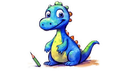 A delightful and colorful childrens watercolor drawing of a dinosaur, exuding innocence and creativity in a fun and approachable style.の素材