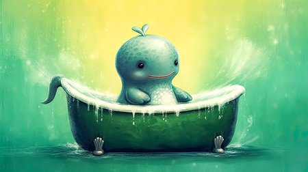 A cartoon whale happily sits in a bathtub filled with water, creating an artistic still life with a green backdrop.の素材