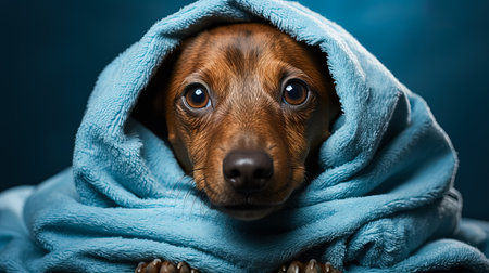 A dachshund, wrapped in a towel after a bath, sits on a blue background, illustrating the concept of pet care and grooming.の素材