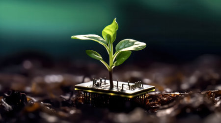 A plant sprouting from a computer chip symbolizes renewal, merging technology with nature in an eco friendly concept of growth and new beginnings.の素材