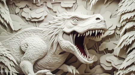 An intricate 3D paper model of a ferocious Tyrannosaurus rex, meticulously crafted with lifelike details, perfect for educational projects or dinosaur enthusiasts.の素材