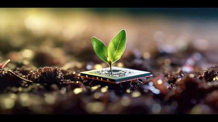 A plant sprouting from a computer chip symbolizes renewal, merging technology with nature in an eco friendly concept of growth and new beginnings.の素材
