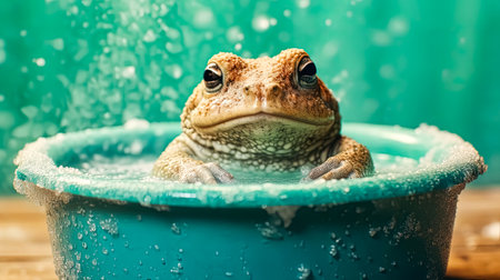 A toad enjoys a bubbly bath, surrounded by foam, against a colorful background. A charming image perfect for quirky and playful design projectsの素材