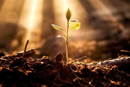 Young plant thriving in a garden bathed in sunlight. Symbolizes growth, vitality, and the beauty of natures renewal.の素材