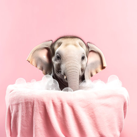 A baby elephant wrapped in a pink towel after a bath, encircled by soap bubbles, presenting a charming and adorable scene.の素材