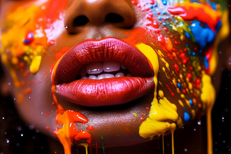 A close up of a woman's face with colorful paint on her lips, eyebrows, eyelashes, and mouth, making her smile happily in magenta hues.の素材