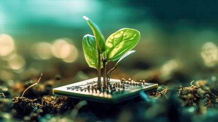 Embracing green computing and corporate social responsibility CSR in IT ethics. Illustrates eco friendly practices with copyspace for text.の素材