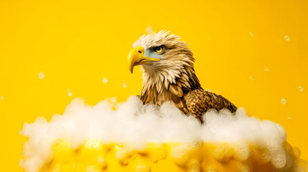 A majestic eagle relaxes in a bathtub, surrounded by frothy soap bubbles, against a cheerful yellow background, creating a whimsical and charming image.の素材