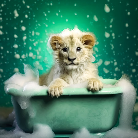 A delightful lion cub enjoys a bubbly bath, against a vibrant backdrop, perfect for any creative project.の素材