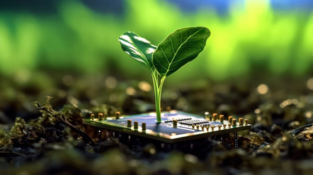 A plant emerging from a computer chip illustrates an eco-friendly concept of new life, blending nature with technology for a sustainable future.の素材