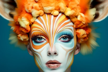 Close-up portrait of a woman with vibrant face paintの素材