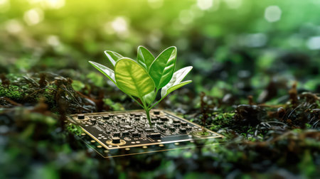 A plant emerging from a computer chip illustrates an eco-friendly concept of new life, blending nature with technology for a sustainable future.の素材