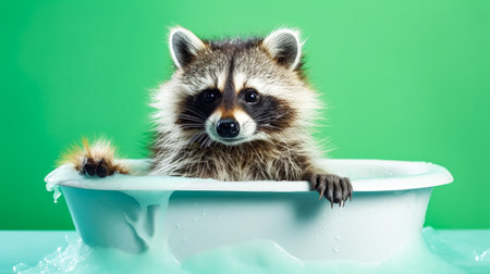 The raccoon in the bathtub against the green background looks playful and curious, adding a touch of whimsy to its adorable appearance.の素材