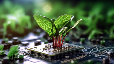 A plant emerging from a computer chip illustrates an eco-friendly concept of new life, blending nature with technology for a sustainable future.の素材
