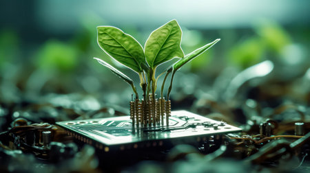 A plant emerging from a computer chip illustrates an eco-friendly concept of new life, blending nature with technology for a sustainable future.の素材