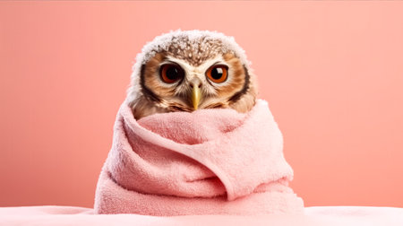An adorable owl cozily wrapped in a towel post bath, exuding comfort and cuteness against a vibrant color background.の素材