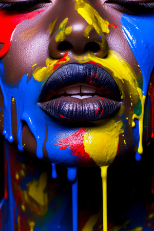 A woman's face covered in paint for entertainmentの素材