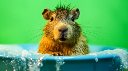 A fluffy hamster enjoys a luxurious bubble bath, surrounded by frothy bubbles, capturing a moment of adorable relaxation and pampering on a colorful background.の素材